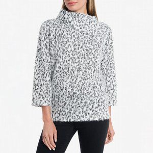 Vince Camuto Sweater XXS Fuzzy Animal Fold Over Neck Pullover 3/4 Sleeve Printed
